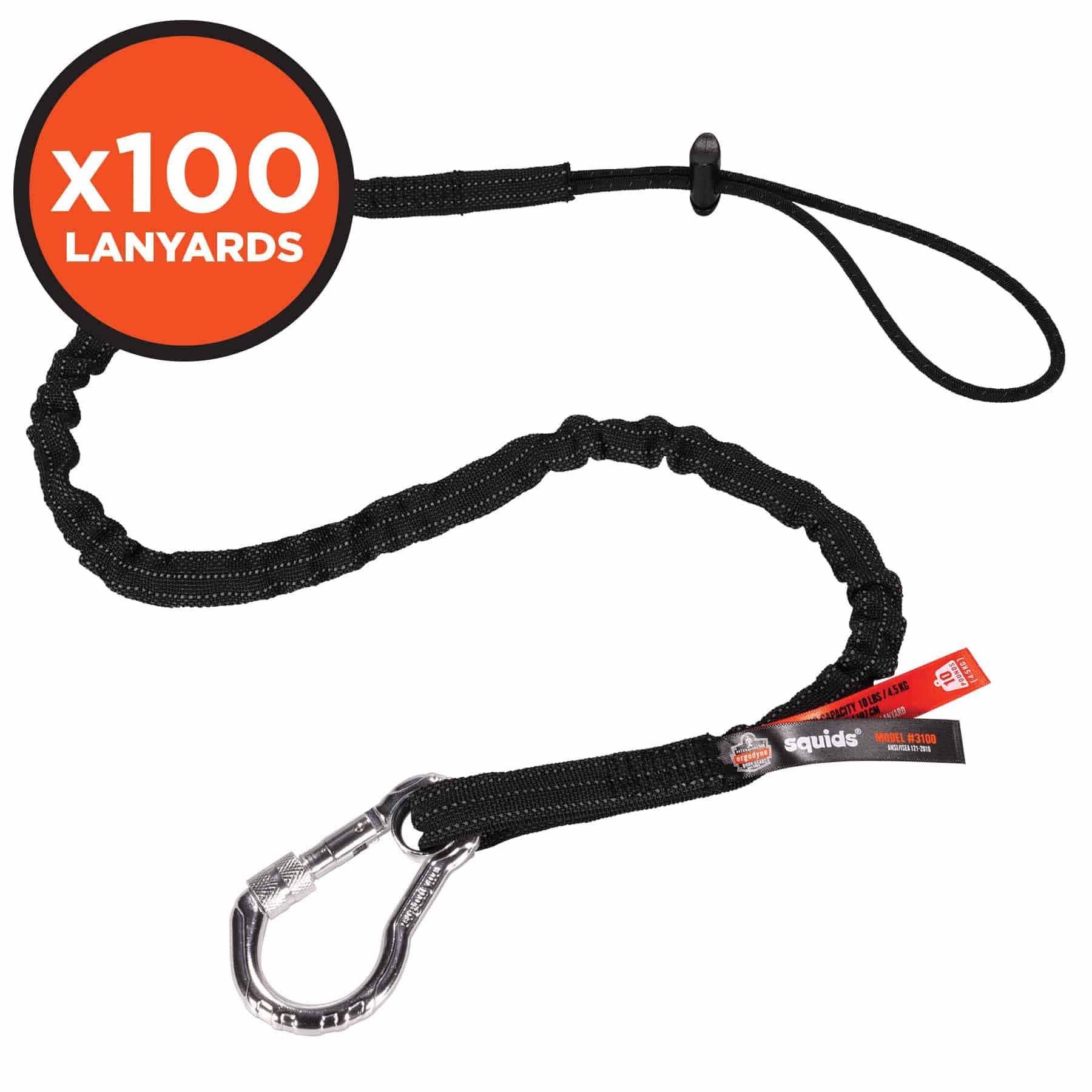 Ergodyne 19204 3100-100PK Standard Black Lanyard - Carabiner + Loop - 10lbs 100-Pack - Moutools