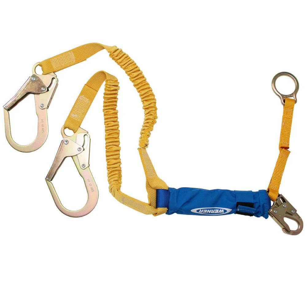 Werner C446200 DeCoil Stretch Twinleg Lanyard w/D-Ring Extender (Snaphook/Rebar Hooks) - 6' - Moutools