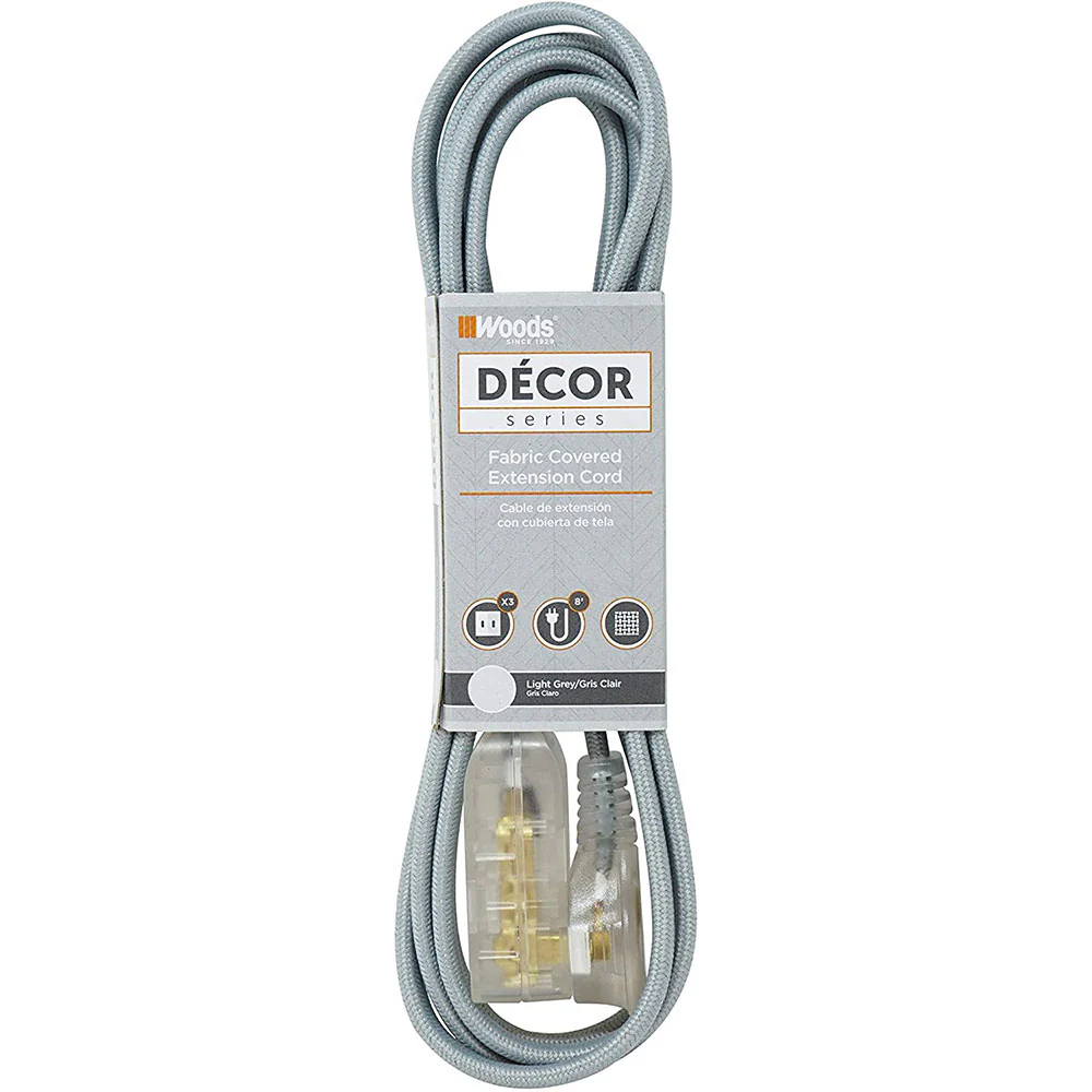 Woods 64598101 Decor Series 8-Foot Fabric Braided Indoor Extension Cord with Lighted Ends, 3 Po - Moutools