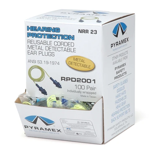Pyramex RPD2001 Metal Detectable Reusable Corded Earplugs, NRR 27dB, 100 Pairs per Box - Moutools