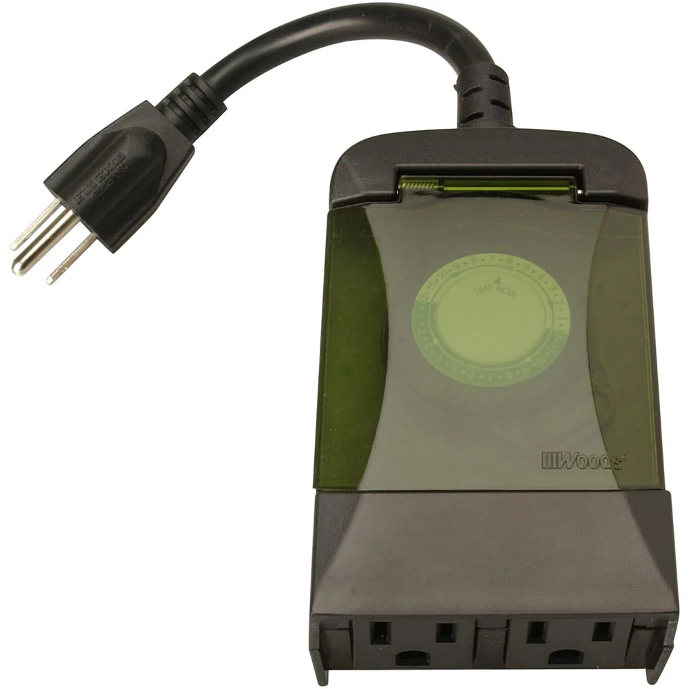 Woods 50011 Outdoor 24-Hour Plug-in Mechanical Timer with 2 Grounded Outlets, Energy Saving, Qu - Moutools