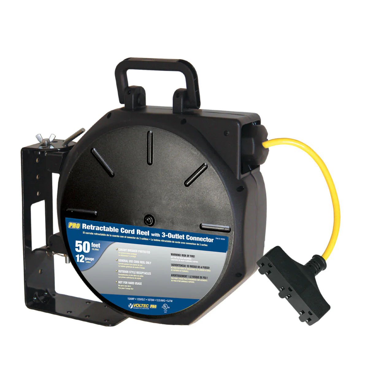 VOLTEC 07-00284 50ft 12/3 SJTW 3-Outlet Retractable Reel - Moutools