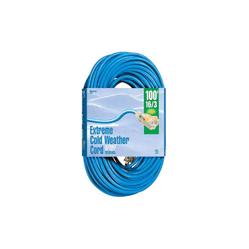 Woods 2436 16/3 Outdoor Cold-Flexible SJTW Extension Cord, Blue with Lighted End, 100-Foot - Moutools