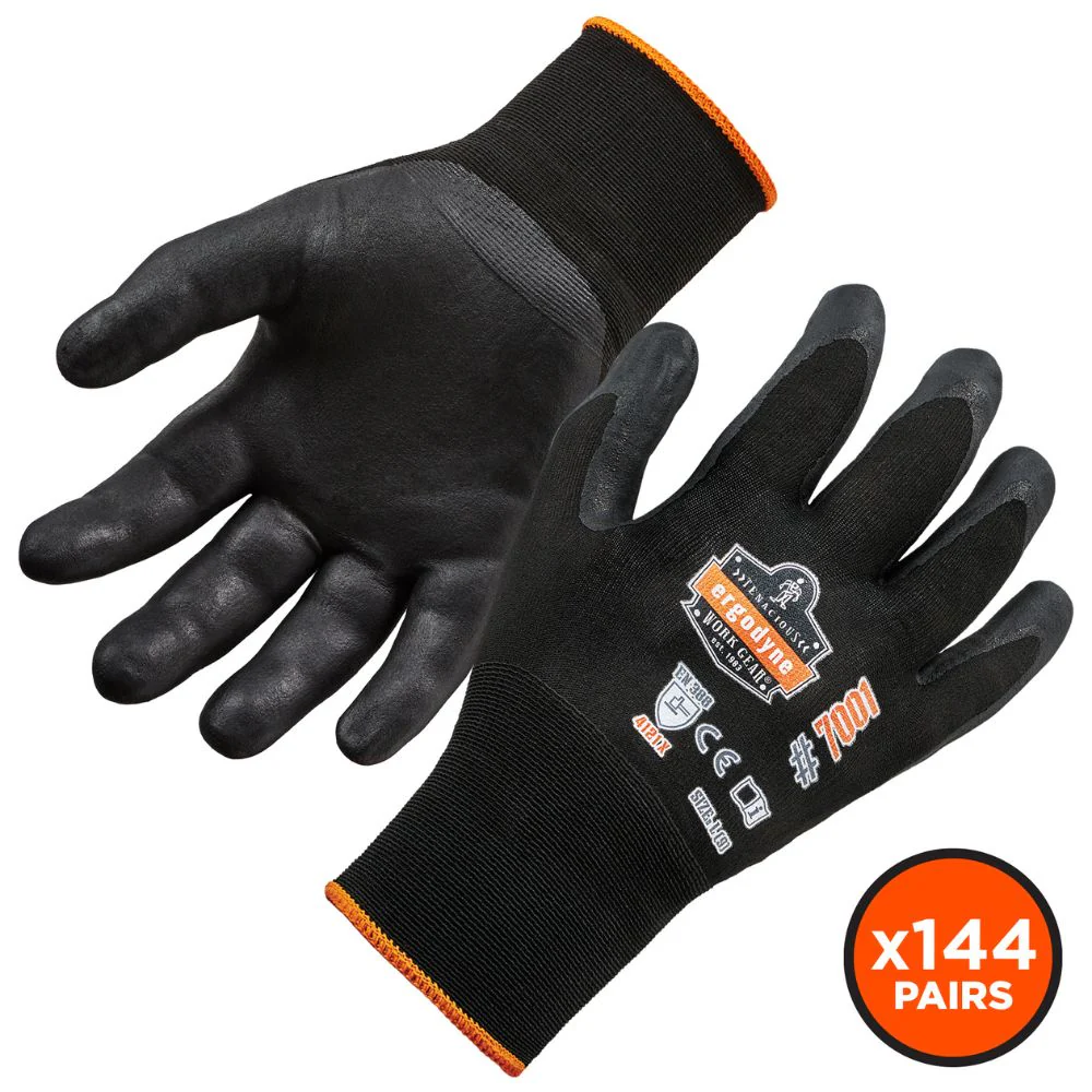Ergodyne 17851 #7001 144-pair XS Black Nitrile Coated Gloves - Moutools