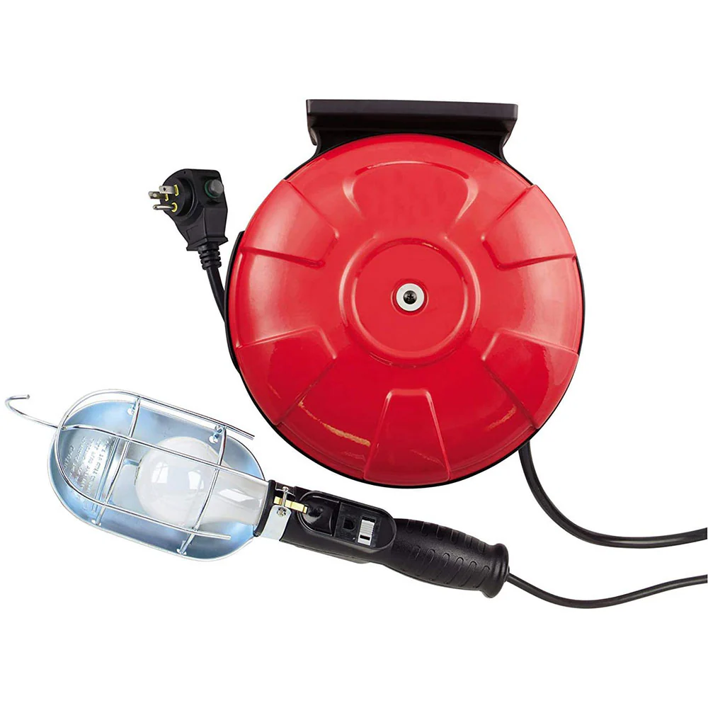 Woods 48000 16/3 SJTW Metal Cord Reel with 75-Watt Trouble Light, Red, 40-Feet - Moutools