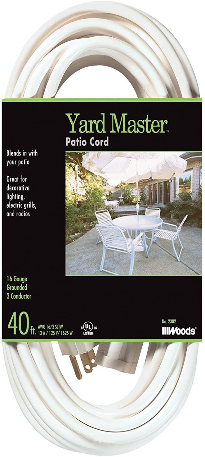 Yard Master 992382 White Patio 40-Foot, 3-Pronged, 16 Gauge Extension Cord, 13 AMPS, 125 Volts, - Moutools