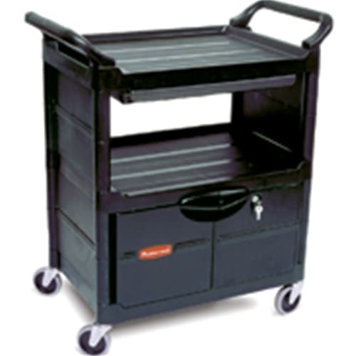 Rubbermaid FG345700BLA Utility Cart with Lockable Doors, Sliding Drawer and 4