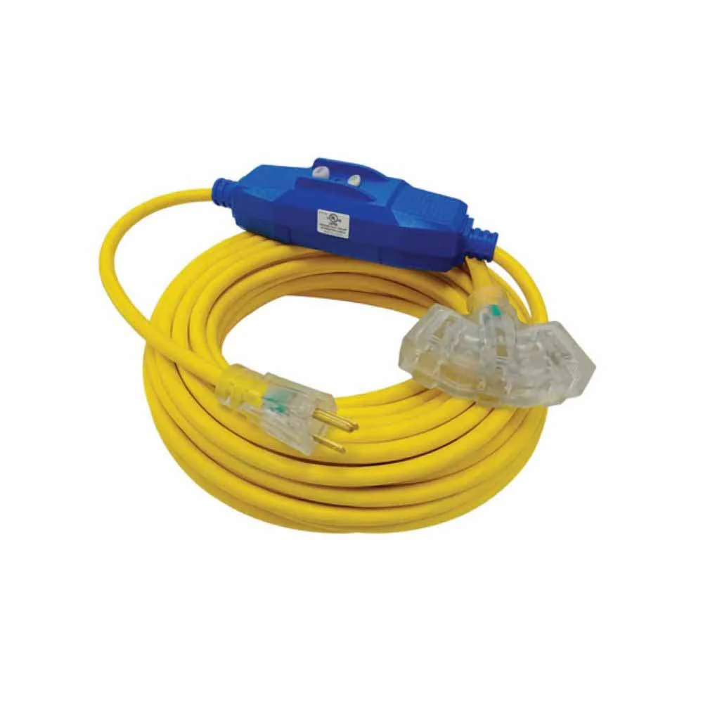Voltec 05-00385 50' 12/3 SJTW Extension cord w/ 20 Amp Inline GFCI and Clear Lighted Triple Tap Connector - Moutools