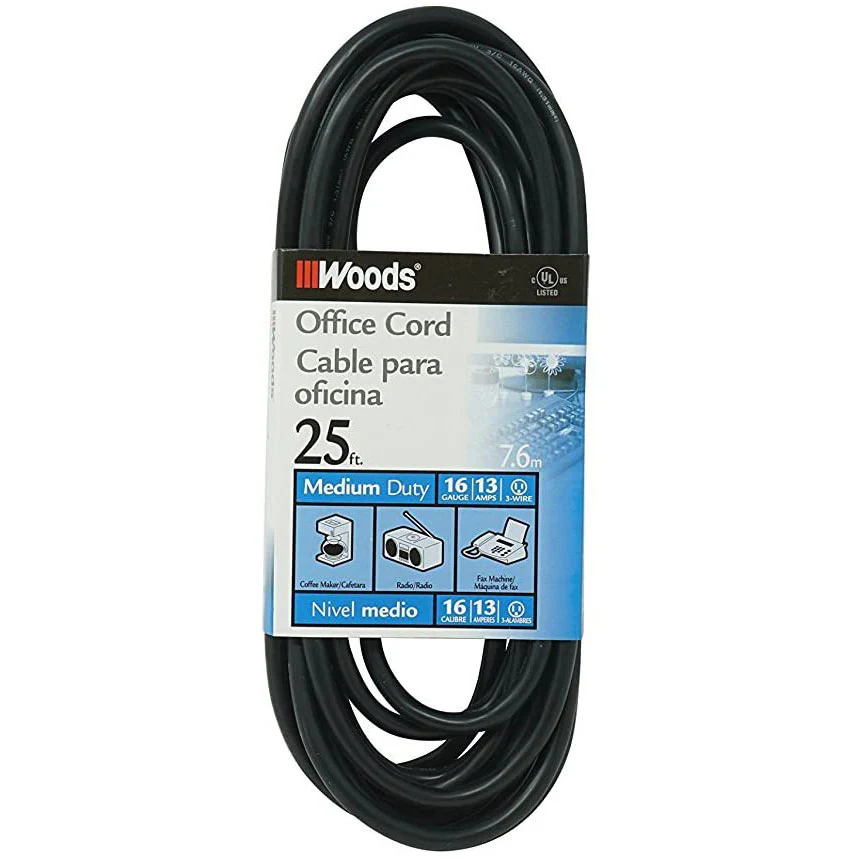 Woods 5601 16/3 25-Foot SJTW Indoor Extension Cord, Perfect for Home or Office, Black - Moutools