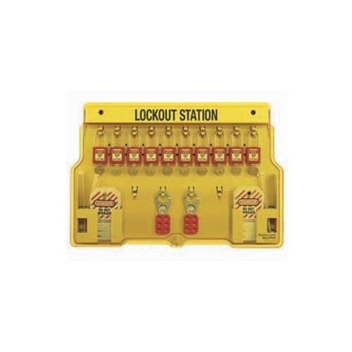 IDEAL 44-806 Ten-Lock Station Kit includes ten red Safety Padlocks (44-916), 24 Heavy-Duty Lockout Tags and two 1 in. Safety Lockout Hasps (44-800) - Moutools