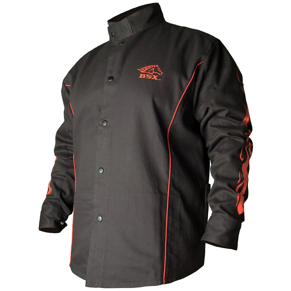 Black Stallion BX9C-3XL BSX Contoured Flame Resistant Cotton Welding Jacket, Black w/Red Flames, 3XL - Moutools