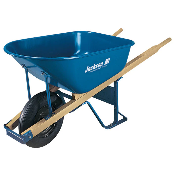 Union Tools M6FFKB 6 cf. Steel W/Flat Free Tire Blue Wheelbarrow, Wood Handles - Moutools