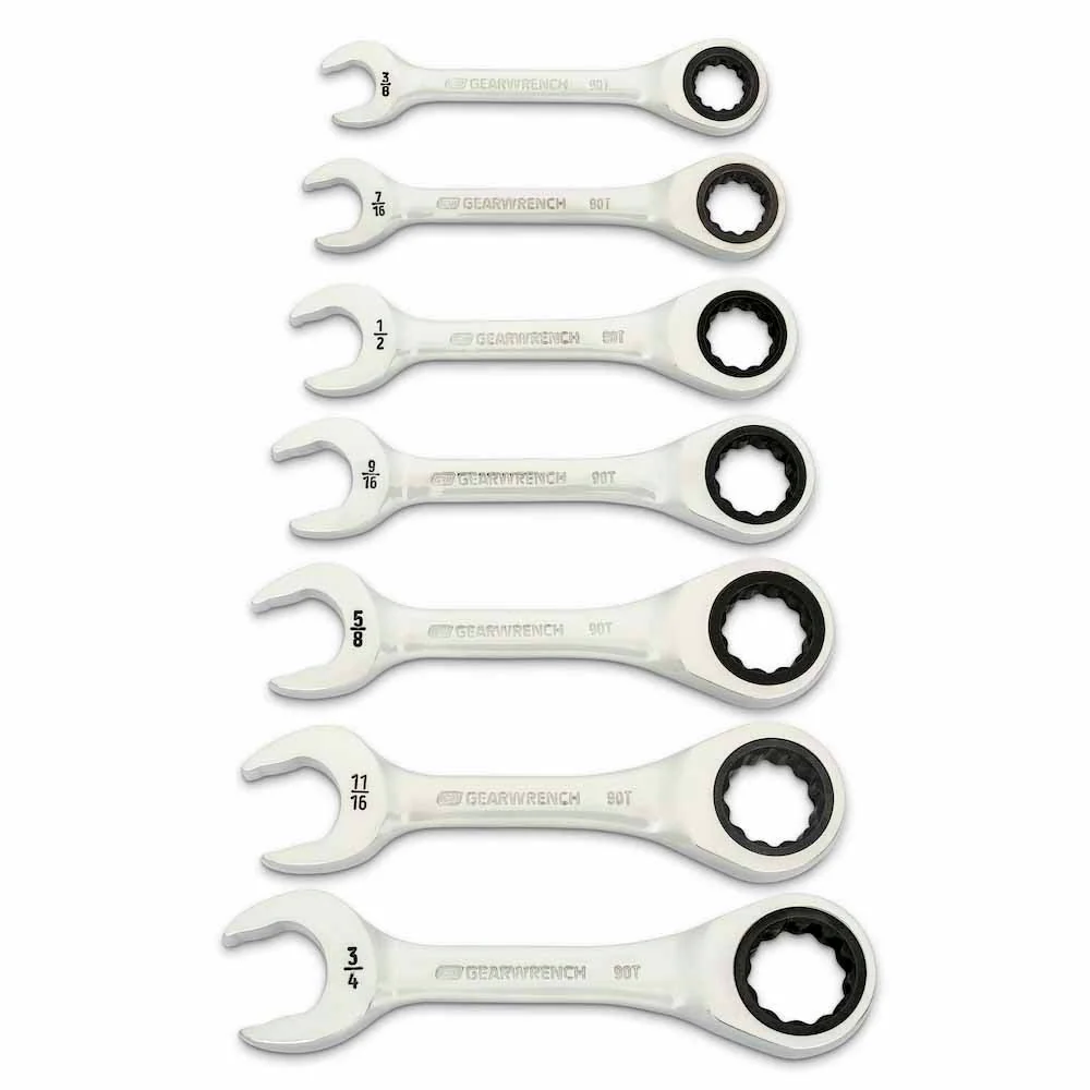 GearWrench 86858 7 Piece 90-Tooth 12 Point SAE Stubby Ratcheting Combination Wrench Set - Moutools
