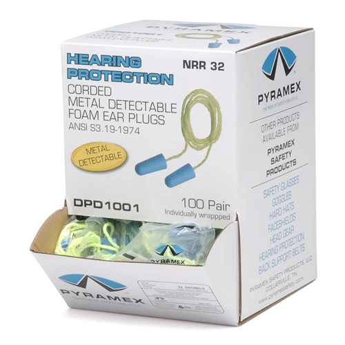 Pyramex DPD1001 Metal Detectable Disposable Corded Earplugs, NRR 32dB, 100 pair/box - Moutools