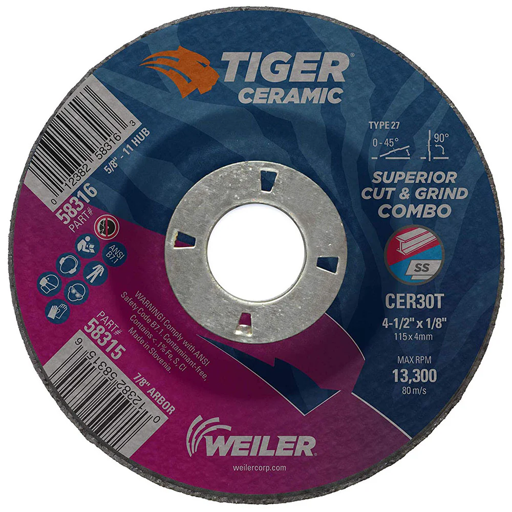 Weiler 58315 4.5 X 1/8 X 7/8 CER30T T27 Tiger Ceramic Combo Wheel - Moutools