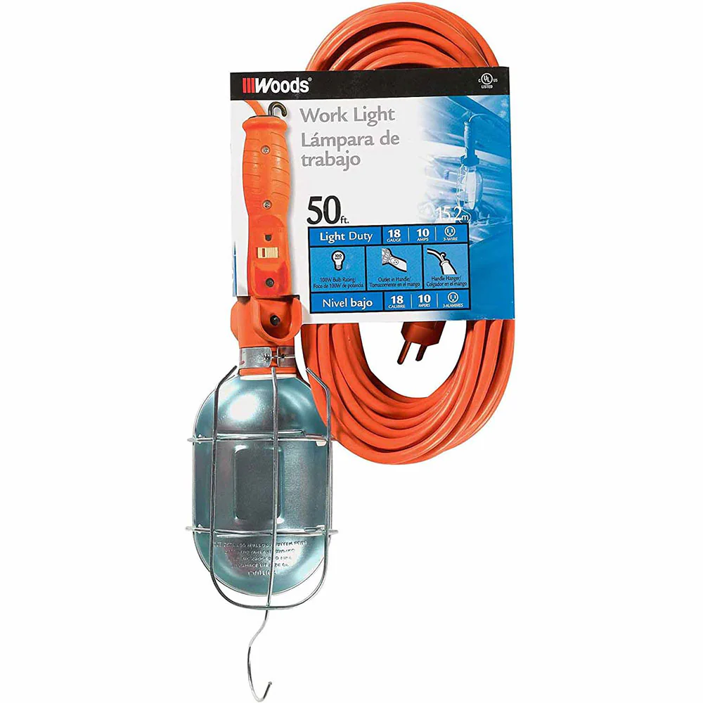 Woods 0682 Medium Duty Trouble Light, 18/3, 50' SJTW, Metal Guard, w/ Outlet - Moutools