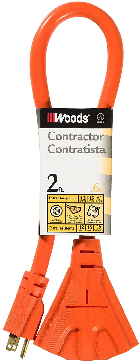 Woods 990824 12/3 Outdoor Multi-Outlet Extension Cord, 2-Foot, Orange - Moutools