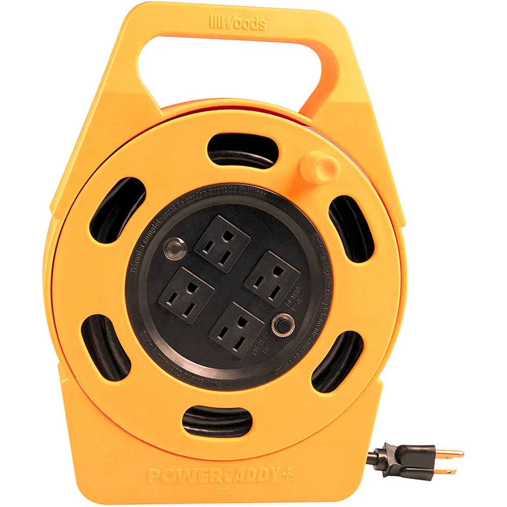 Woods 2801 Extension Reel with Four 3-Prong Power Outlets, Heavy Duty Retractable Cord, User Fr - Moutools