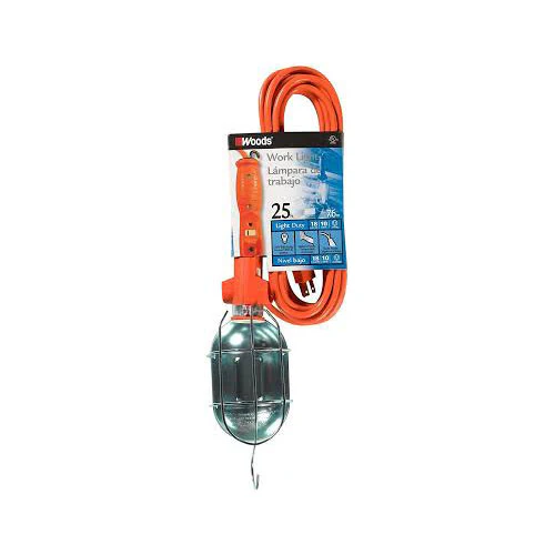 Woods 681 18/3-Gauge SJTW Trouble Light with Metal Guard & Outlet, 75-Watt, 25-Foot, Orange - Moutools