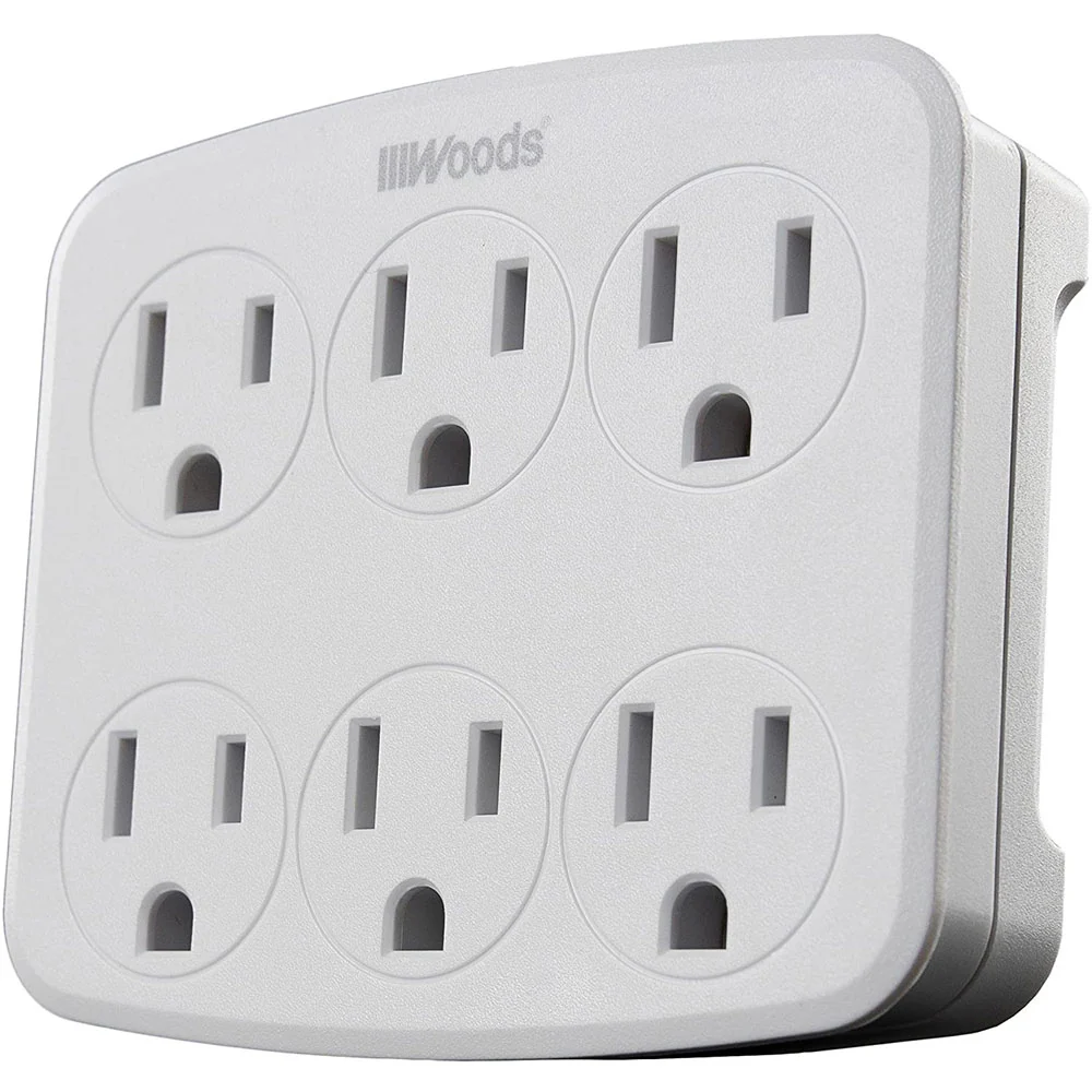 Woods 41196 Wall Adapter with 6 Grounded Outlets, White - Moutools