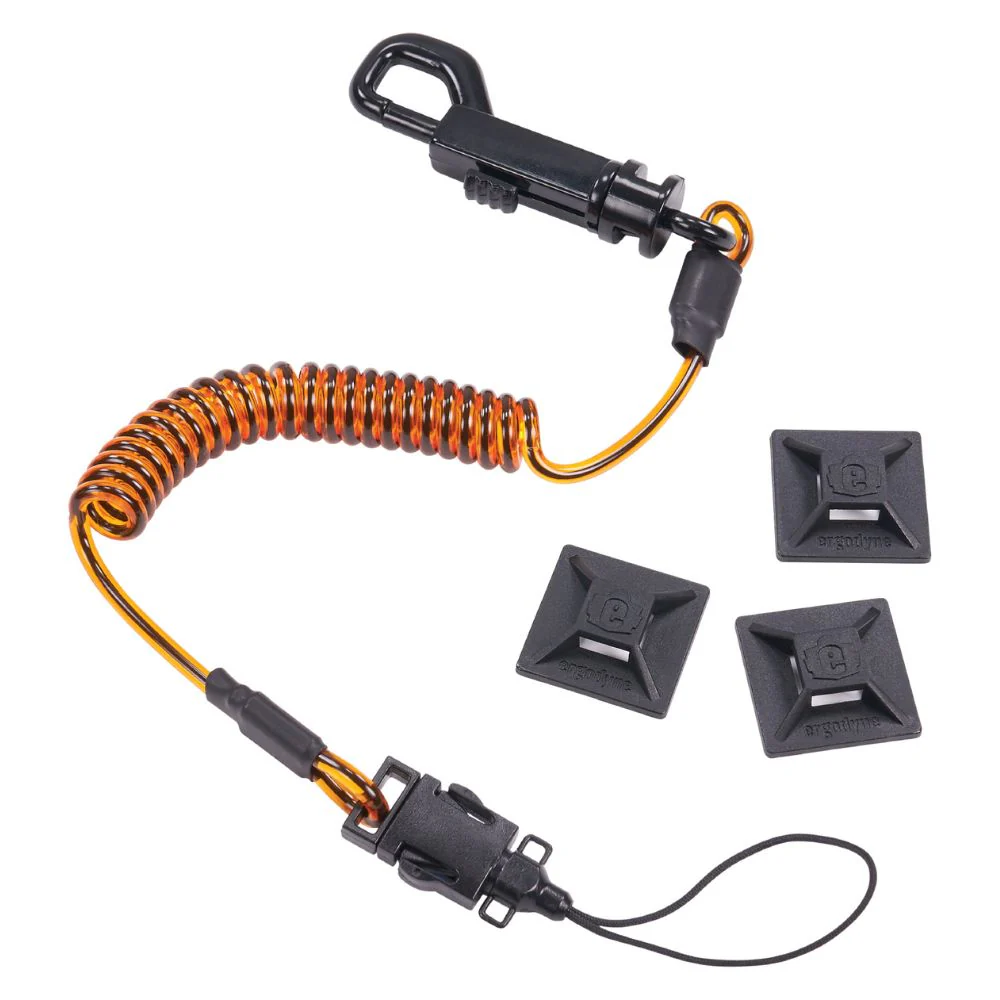 Ergodyne 19160 #3151 Orange and Black Coil Lanyard plus Mini Adhesive Mounts - Moutools