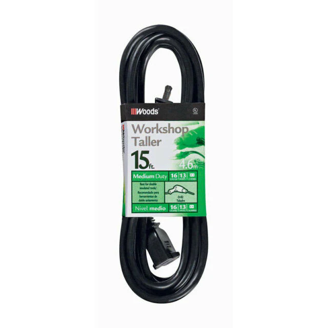 Woods 258 16/2 SJTW General Purpose Extension Cord, 15-Foot, Black - Moutools