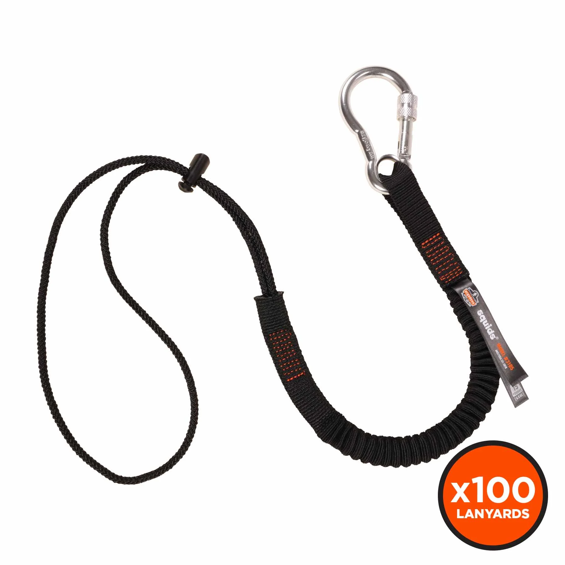 Ergodyne 19011 3105-100PK Standard Black Lanyard - Carabiner + Loop - 15lbs 100-Pack - Moutools