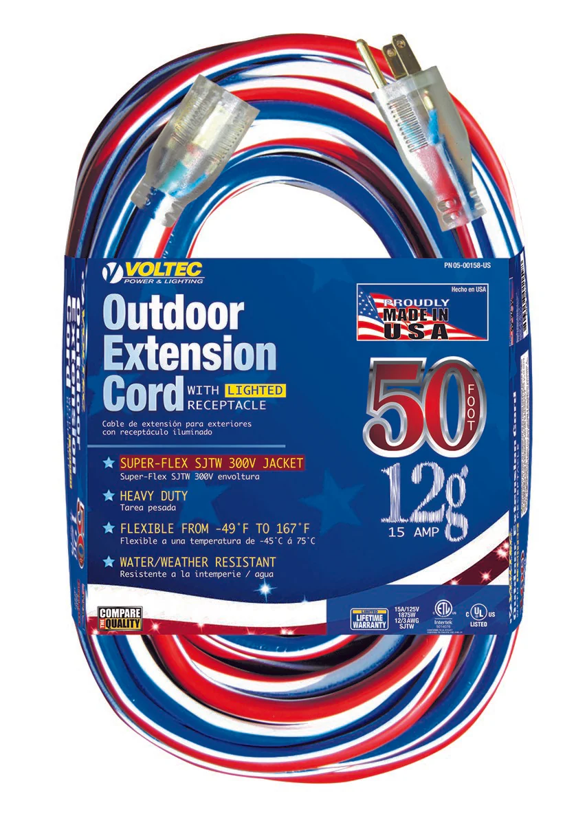 Voltec 05-00158-US 50FT 12/3 SJTW Red/White/Blue Extension Cord w/Lighted End - Moutools