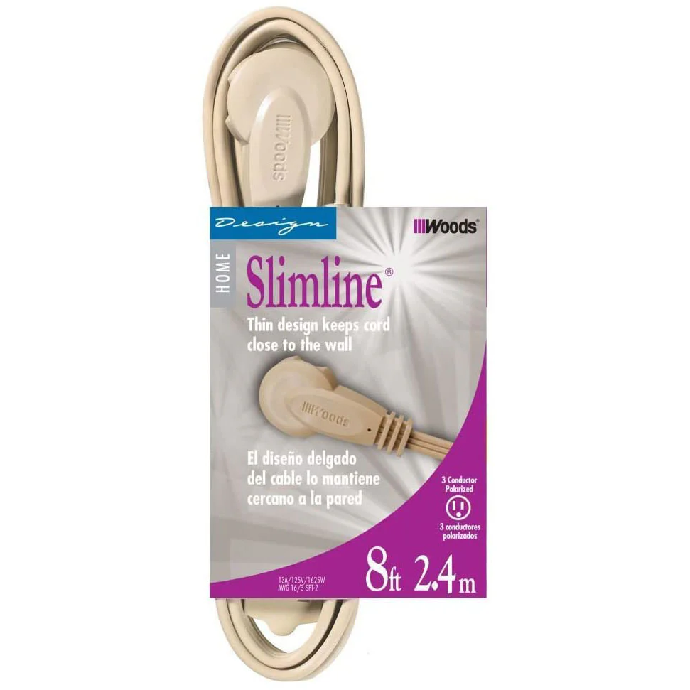 SlimLine 2254 Flat Plug Extension Cord, 3-Wire, 8-Foot, Beige - Moutools