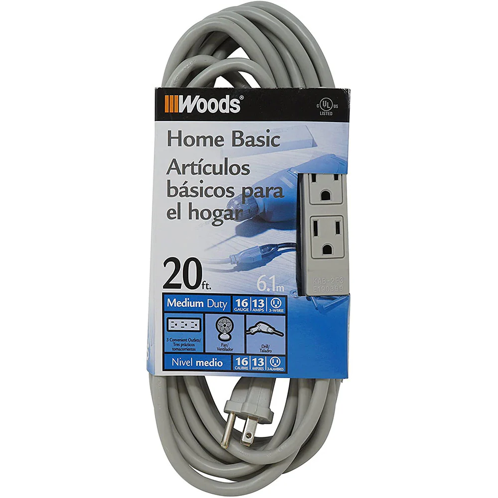 Woods 2867 3-Outlet Extension Cord with Power Tap, 20-Foot, Gray - Moutools