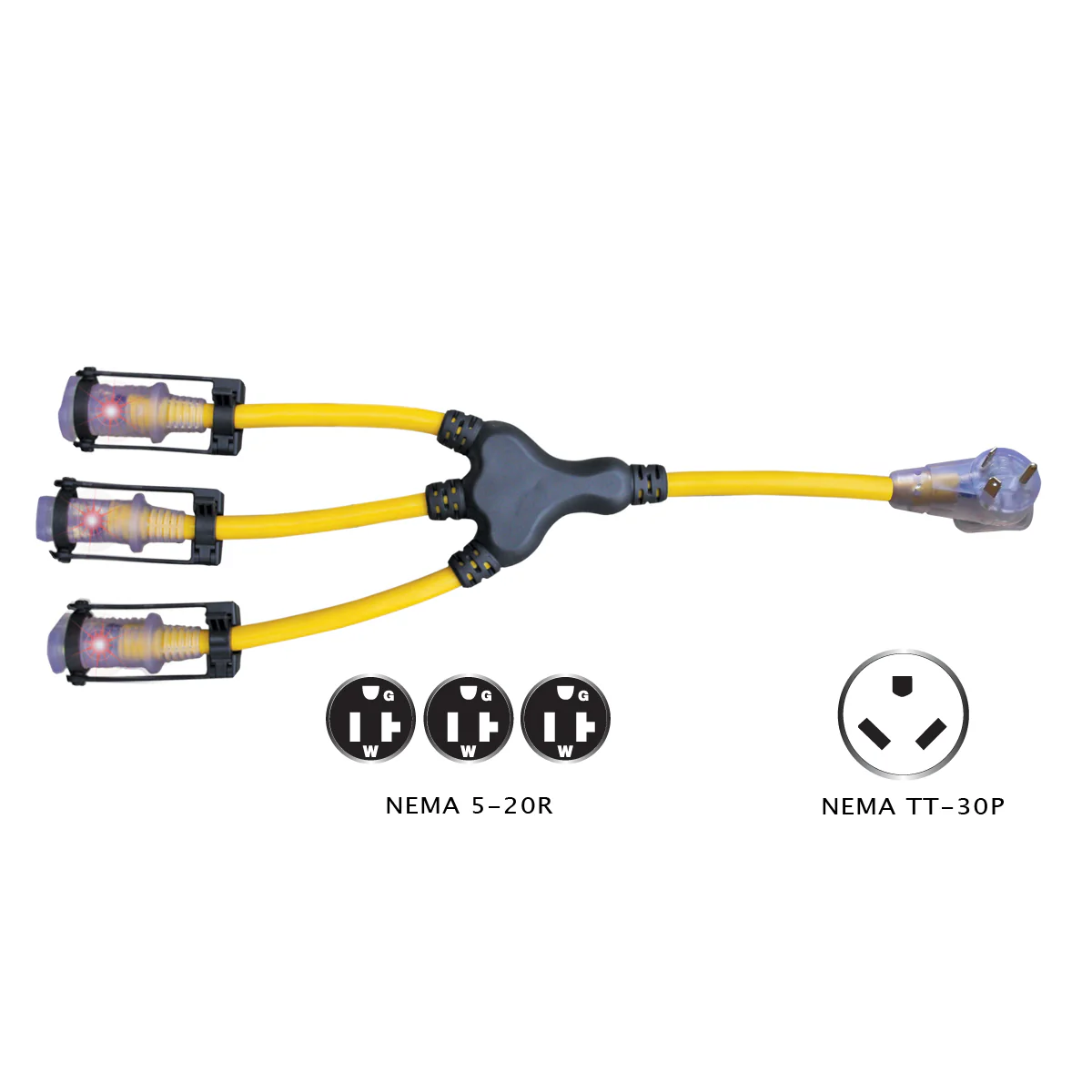 Voltec 04-00215 2' W Generator Adapter - TT-30P to (3x) 5-20R with E-Zee Lock - Moutools