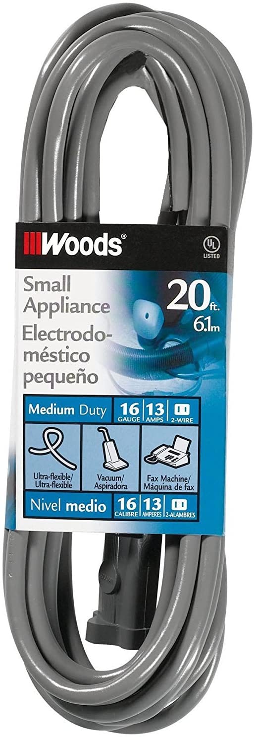 Woods 990547 16/2 SVT Small Appliance Extension Cord, 20-Foot, Gray - Moutools