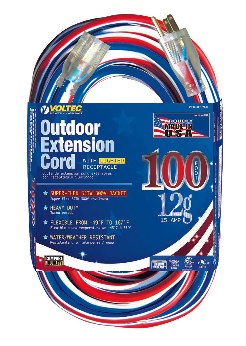 Voltec 05-00159-US 100FT 12/3 SJTW Red/White/Blue Extension Cord w/Lighted End - Moutools