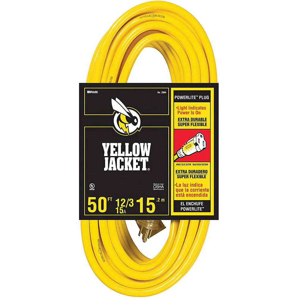 Yellow Jacket 283428 2884 12/3 Heavy-Duty 15-Amp SJTW Contractor Extension Cord with Lighted En - Moutools