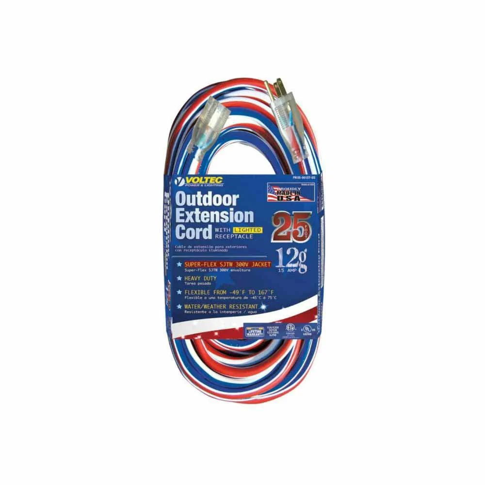 Voltec 05-00157-US 25' 12/3 SJTW Red/White/Blue Extension Cord with Lighted Connector - Moutools