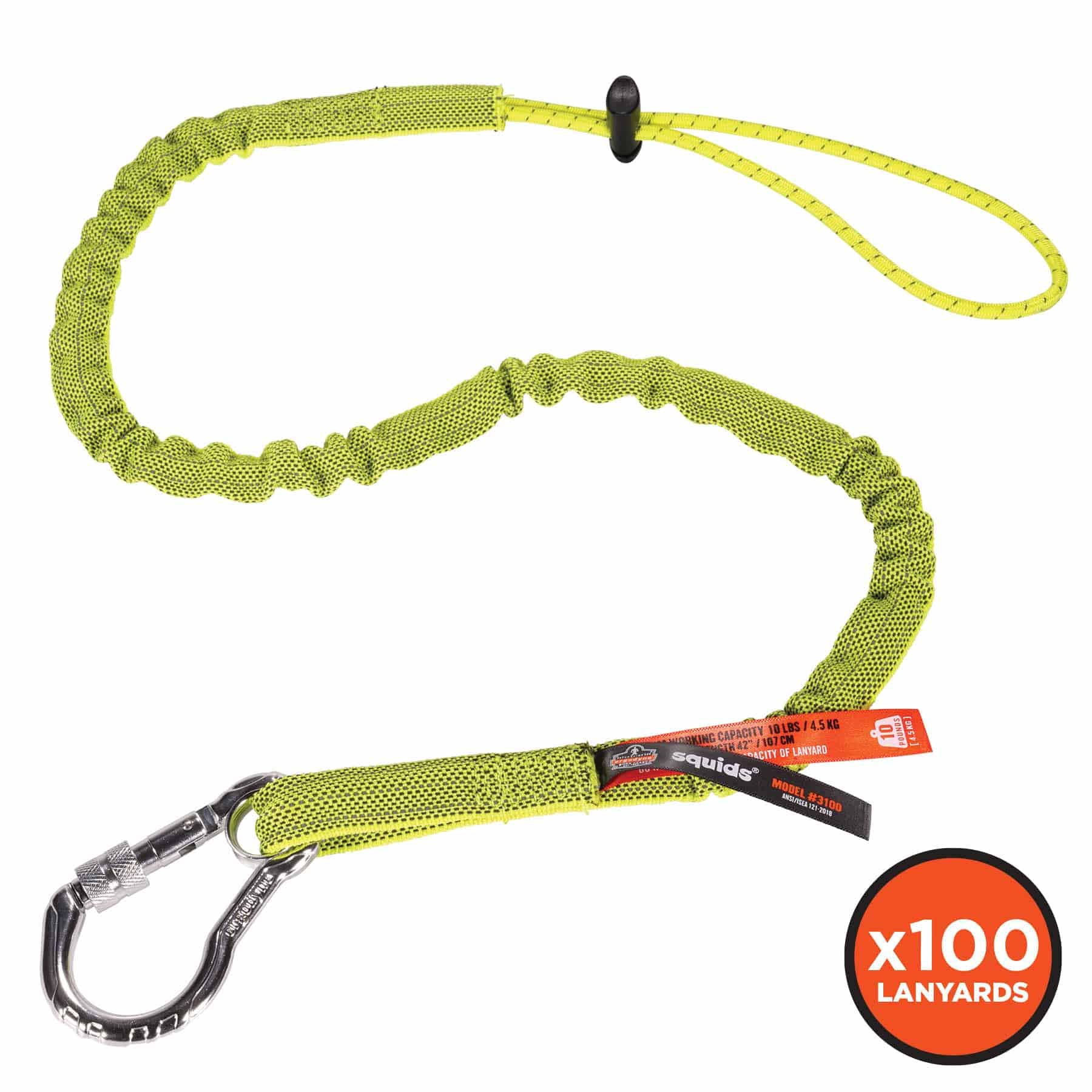 Ergodyne 19205 3100-100PK Standard Lime Lanyard - Carabiner + Loop - 10lbs 100-Pack - Moutools