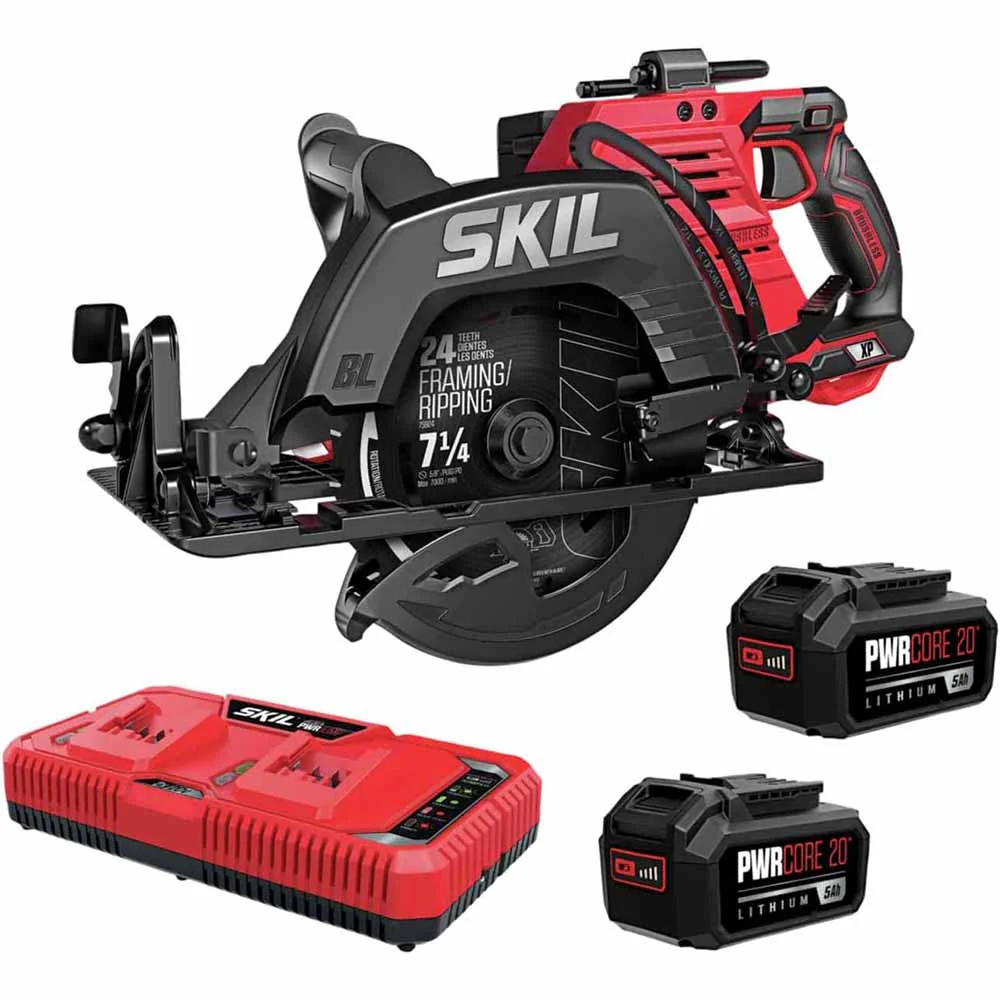 Skil CR5429B-20 PWRCore 20 Brushless 2x20V 7-1/4 In. Rear Handle Circular Saw with Two 5.0Ah Batteries and Dual Port Auto PWR JUMP Charger - Moutools