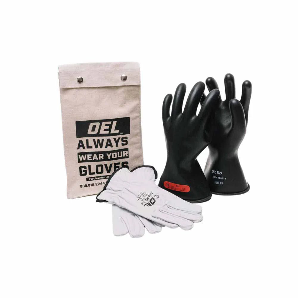 OEL IRG011B8K Class 0 Black Rubber Insulating Glove Kit - Size 8 - Moutools