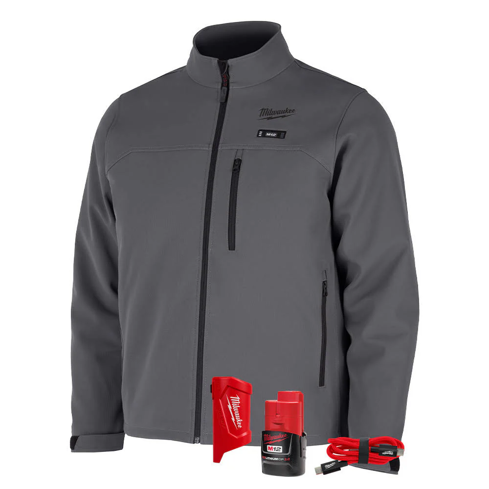 Milwaukee M100G-21 M12 Heated Gray Toughshell Jacket with (1) 3.0 Ah Battery and Charger - Moutools