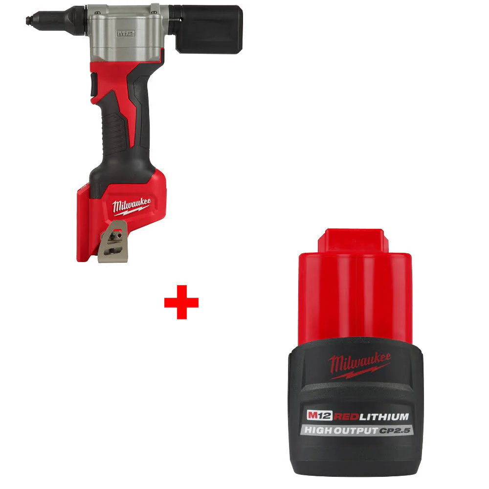 Milwaukee 2550-20 M12 Rivet Tool, Bare W/ FREE 48-11-2425 M12 CP2.5 Battery Pack - Moutools