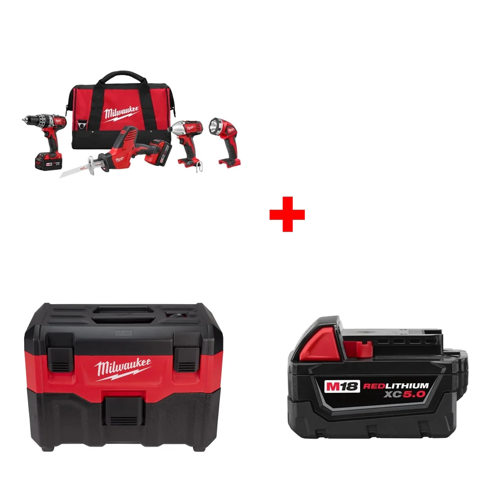 Milwaukee 2695-24 M18 4-Tool Combo Kit w/ FREE 0880-20 Wet/Dry Vacuum & Battery - Moutools