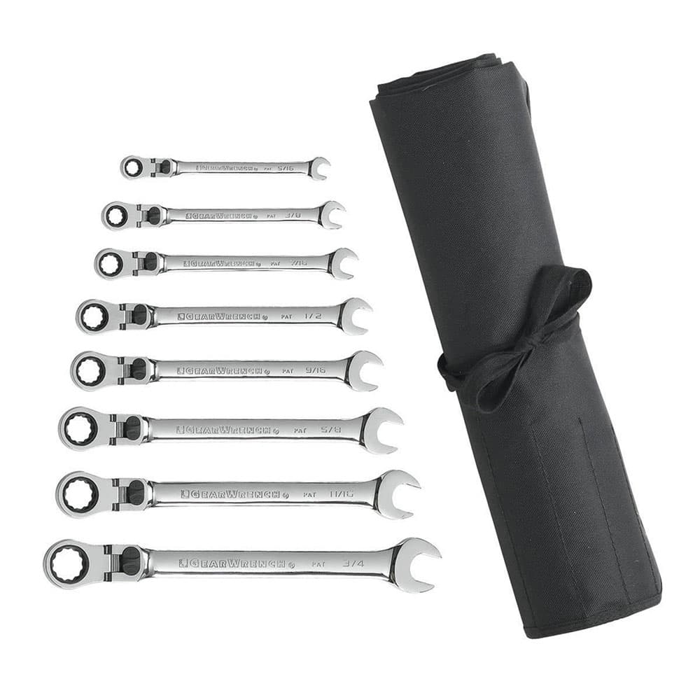 GearWrench 85798R 8 Pc. 72-Tooth 12 Point XL Locking Flex Head Ratcheting Combination SAE Wrench Set with Tool Roll - Moutools
