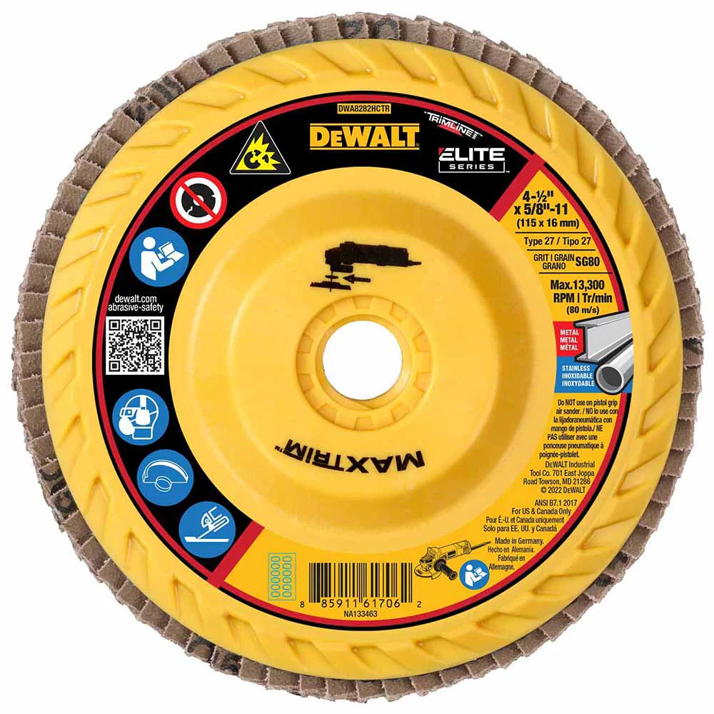DeWalt DWA8282HCTR ELITE SERIES 4-1/2X5/8-11IN 80G T27 Trimmable Flap Disc - Moutools