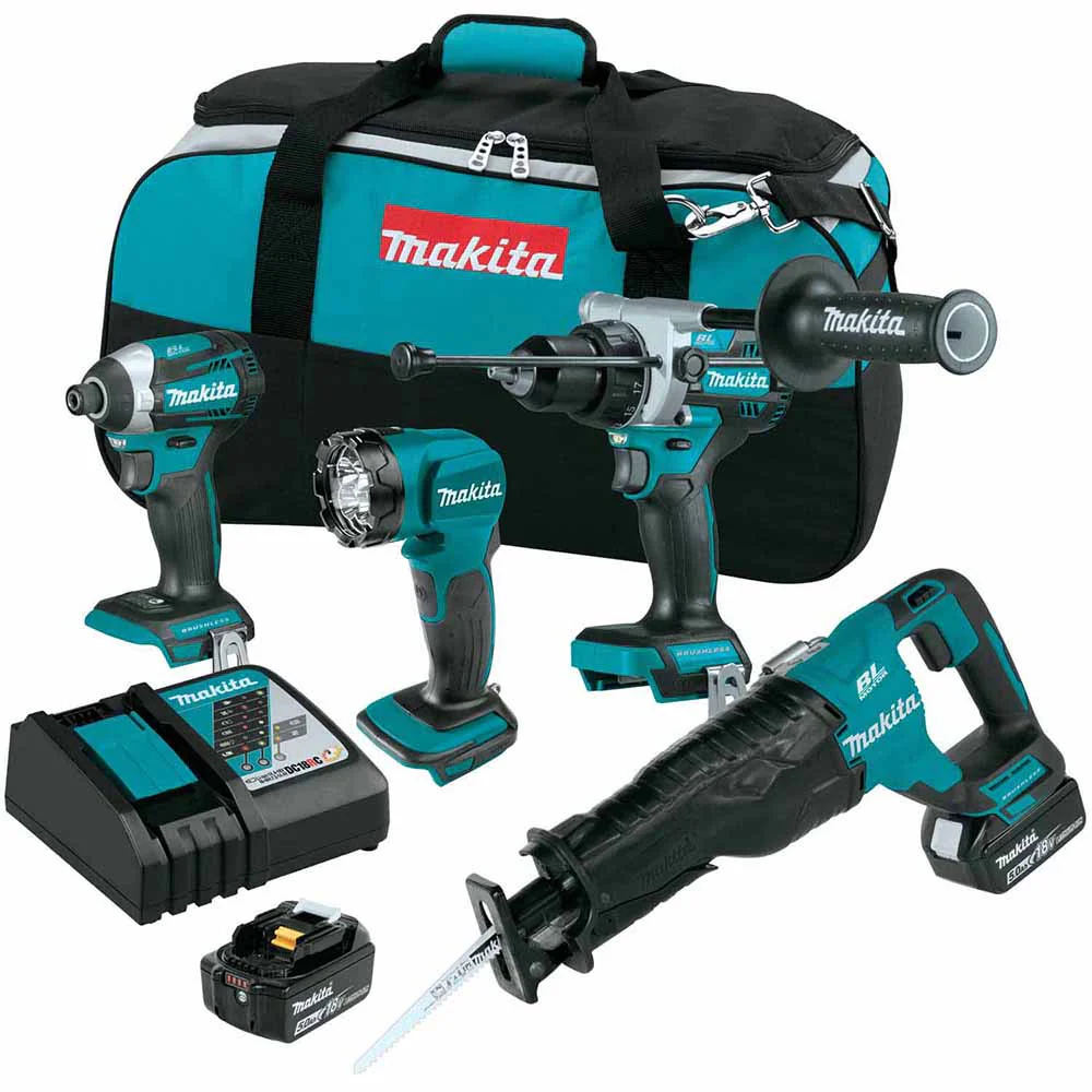 Makita XT453T 18V LXT Lithium-Ion Brushless Cordless 4 Pc. Combo Kit, XPH14Z, XDT14Z, XRJ05Z, DML815, bag (5.0Ah) - Moutools