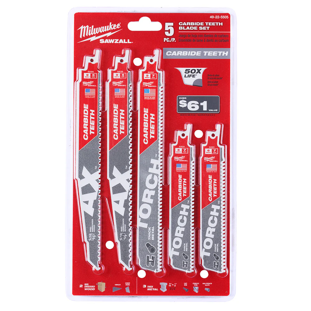 Milwaukee 49-22-5505 5pc Carbide Teeth SAWZALL Blade Set - Moutools