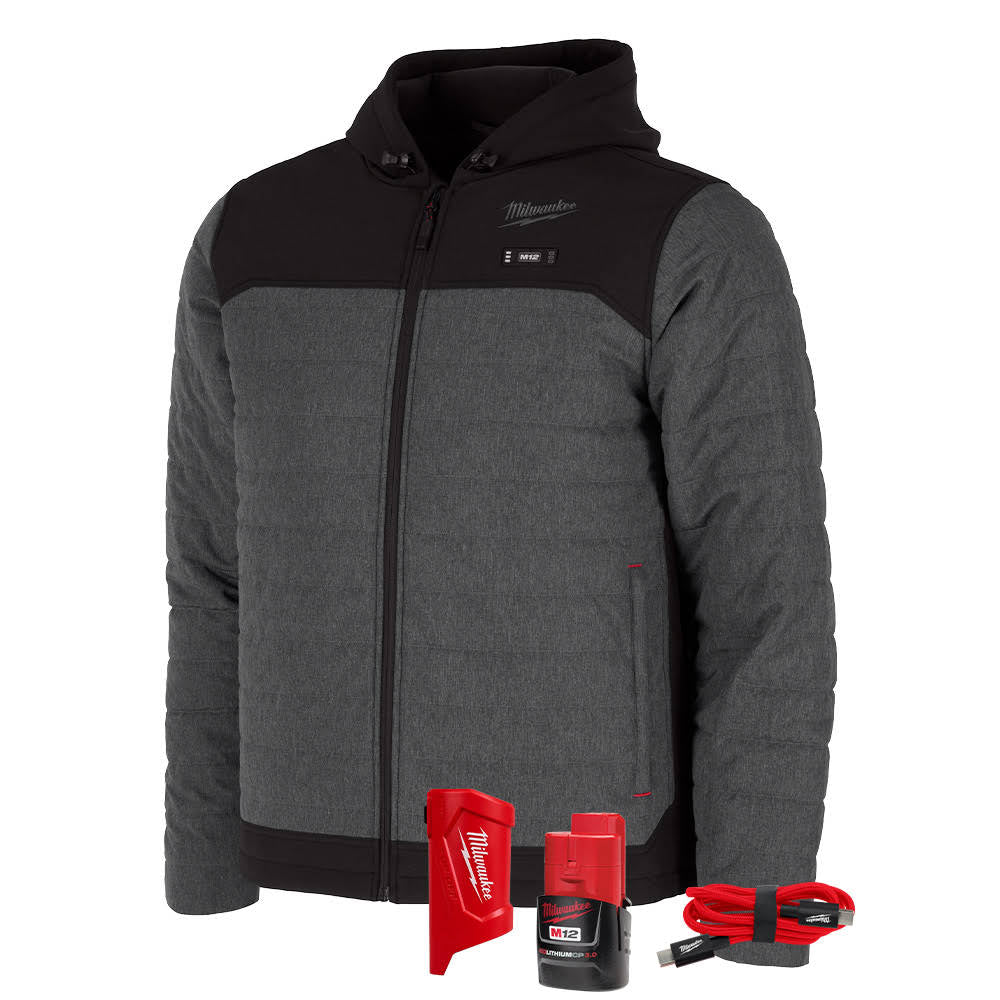 Milwaukee M102G-21 M12 Heated Gray Axis Jacket with (1) 3.0 Ah Battery and Charger - Moutools