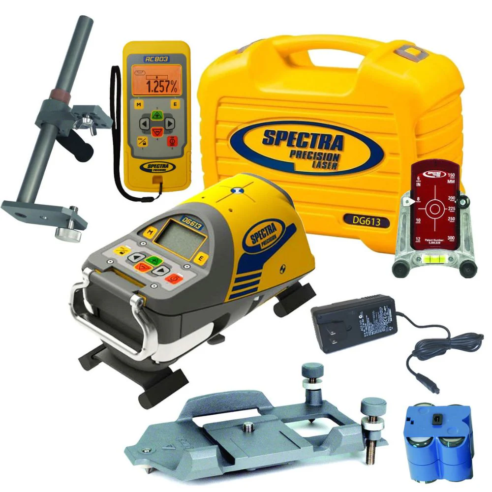 Spectra DG613-6 Dialgrade Pipe Laser with Large Pipe Centering Plate (Metric), Vertical Pole, Remote Control, Target and Rechargeable Batteries - Moutools