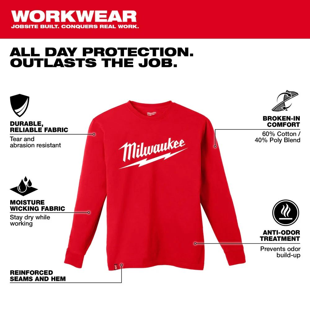Milwaukee 608R Heavy Duty T-Shirt - Long Sleeve Logo Red - Moutools