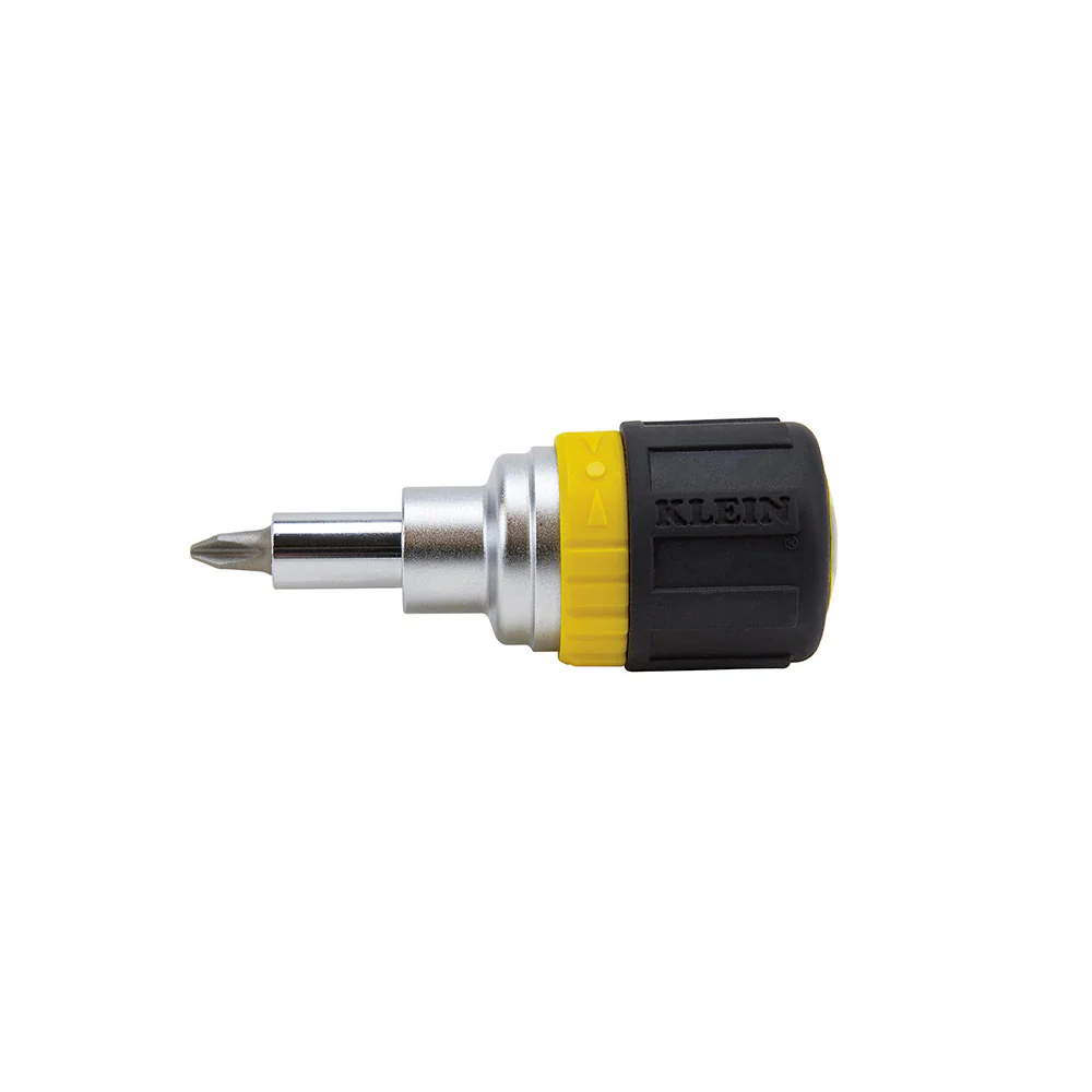 Klein Tools 32593 Multi-Bit Ratcheting Screwdriver, 6-in-1, Stubby, Ph, Sl, Nut Bits - Moutools