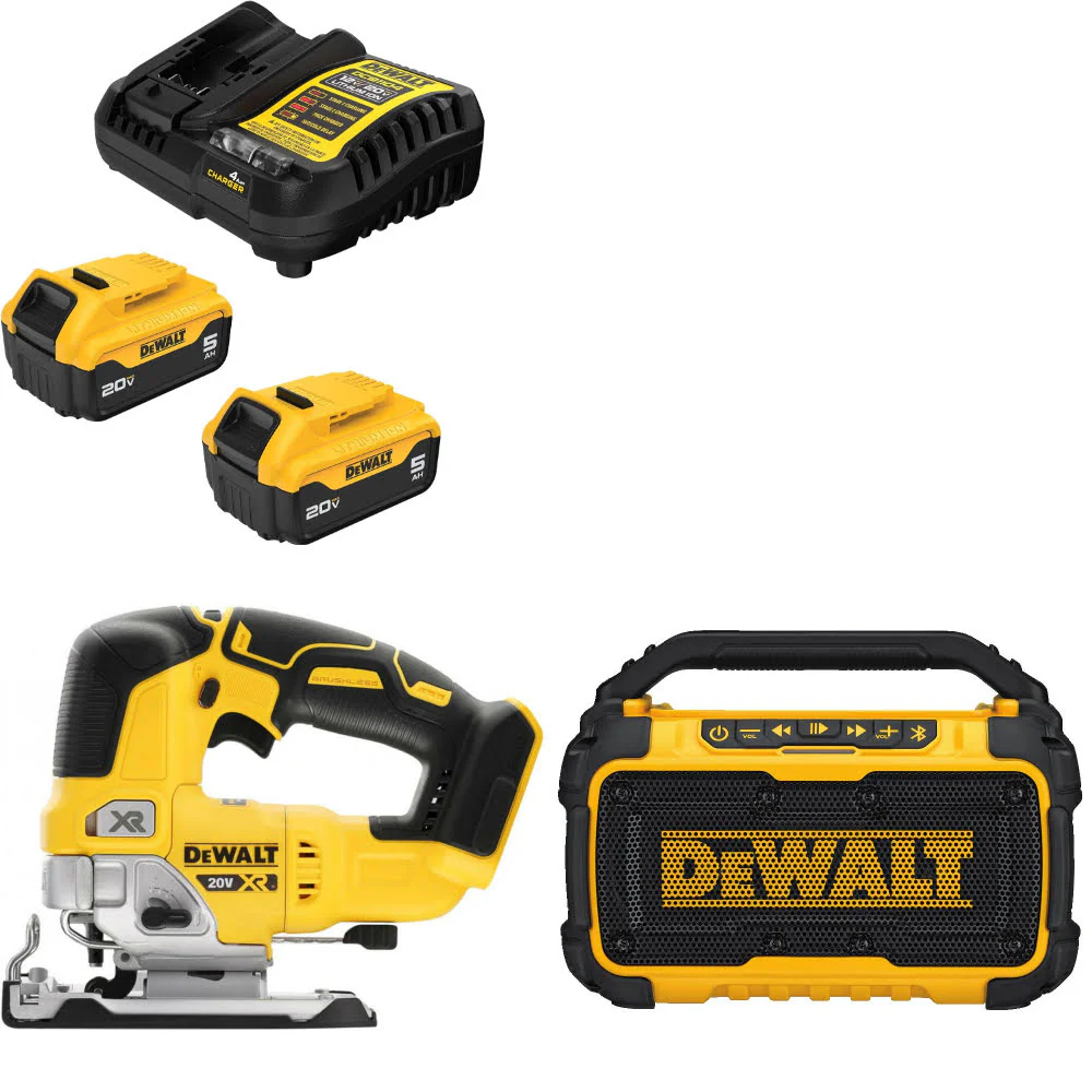 DeWalt DCB205-2C 20V Max Starter Kit W/ DCS334B 20V Jig Saw & 12V/20V Speaker - Moutools